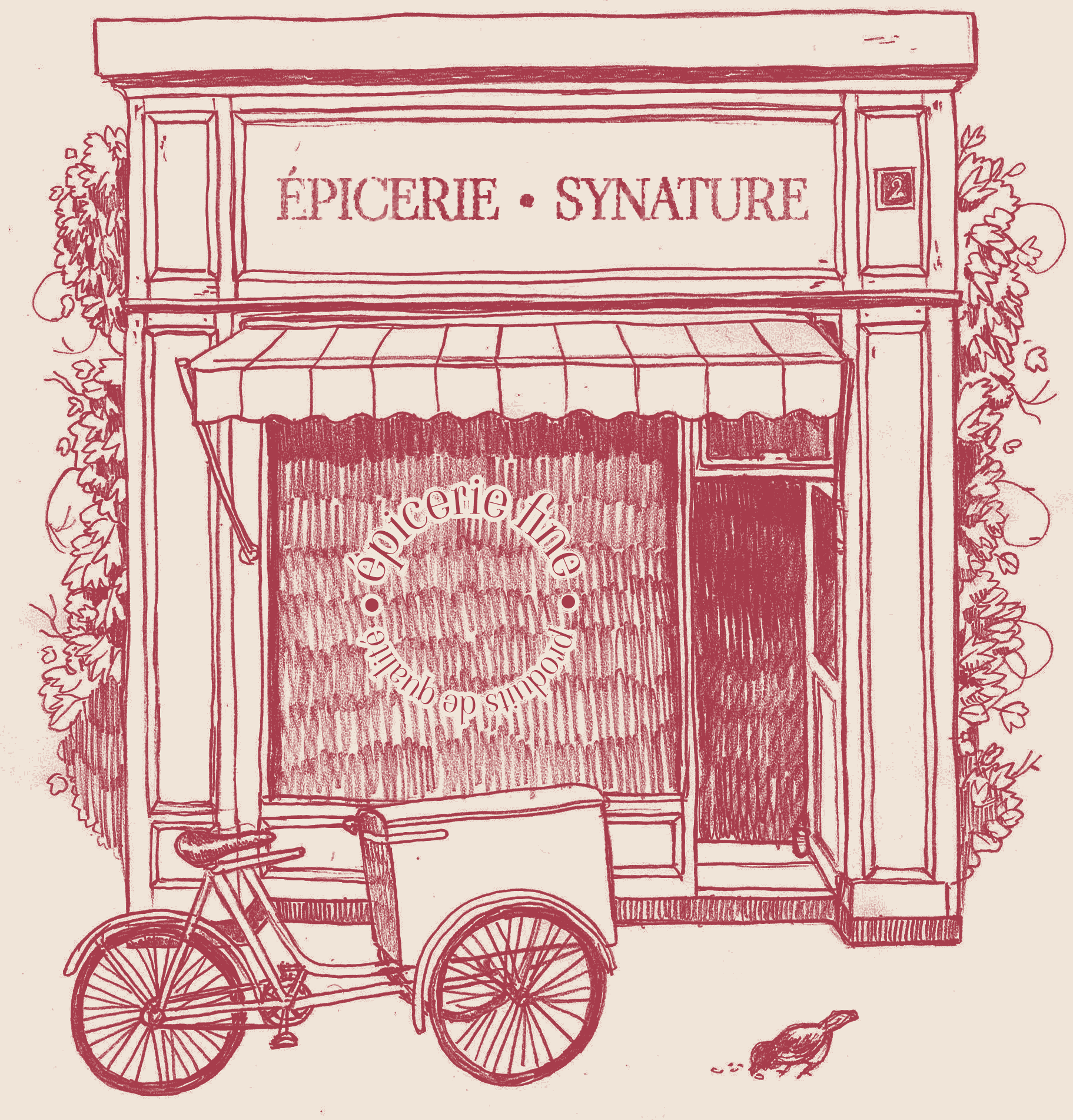 A drawing depicting the front of a grocery store.